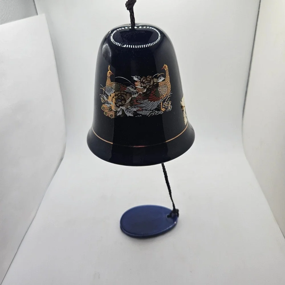 Vintage Cobalt Blue Ceramic Hanging Bell Peacock Floral Wind Chime